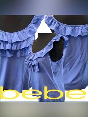 Bebe Cornflower Blue Silk Ruffle Off Shoulder Top (S)